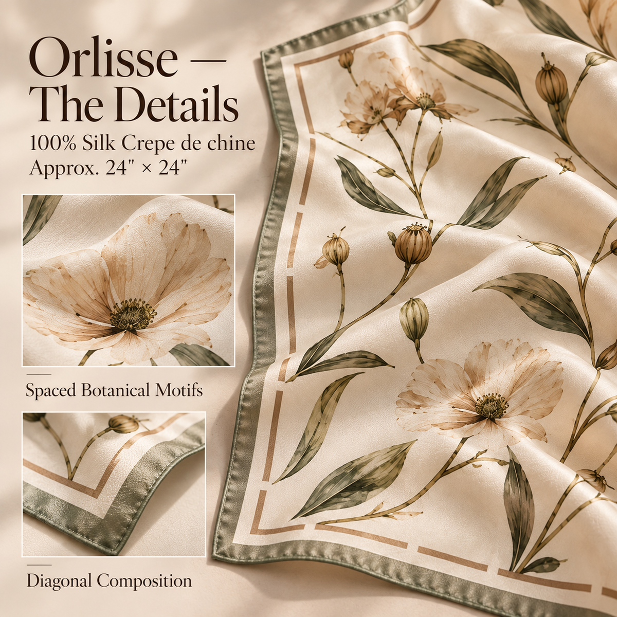 VCALVORIA™ Orlisse Women’s Silk Bandana Scarf — Botanical Print Small Square Neck & Hair Scarf