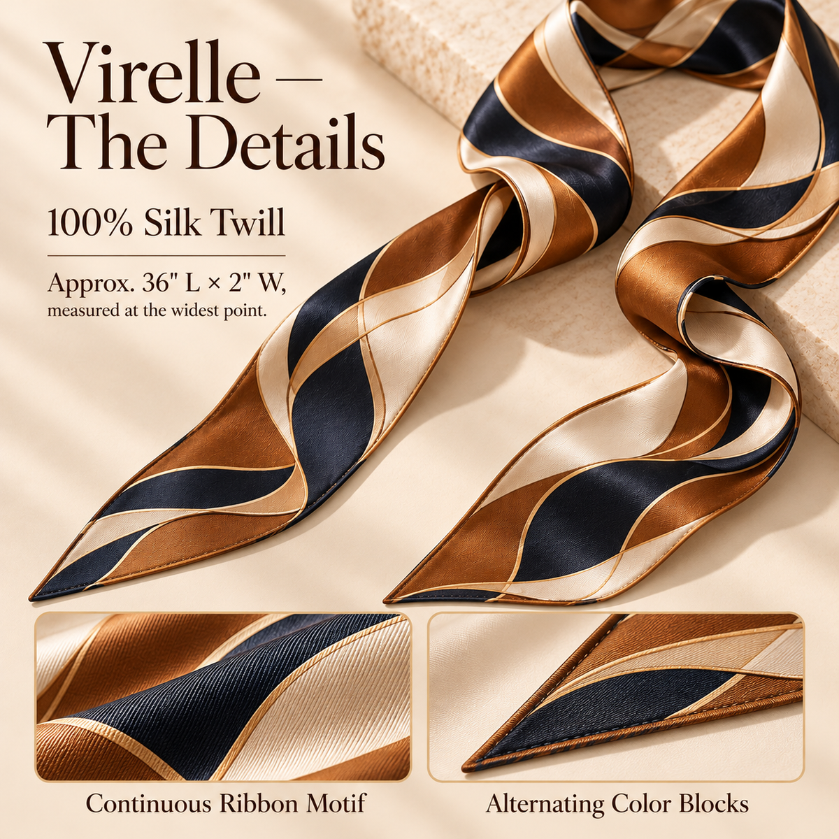 VCALVORIA™ Virelle Women’s Silk Skinny Scarf — Printed Neck Tie, Hair Ribbon & Bag Handle Scarf