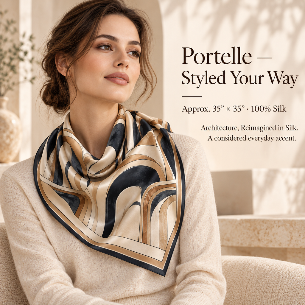 VCALVORIA™ Portelle Women’s Large Silk Square Scarf — Architectural Arch Print Neck & Head Scarf