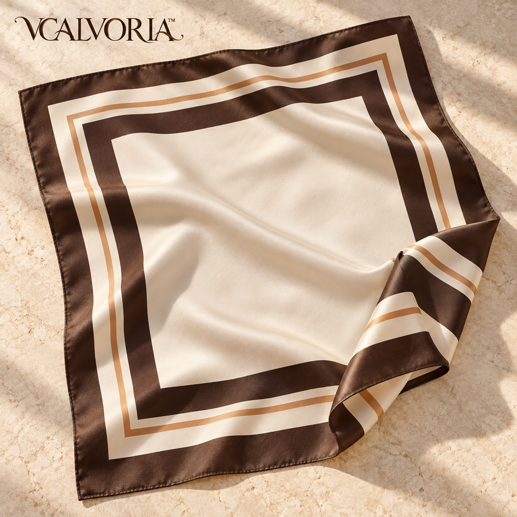 VCALVORIA™ Celinea Women’s Silk Square Scarf — Geometric Border Neck Scarf & Handbag Accent