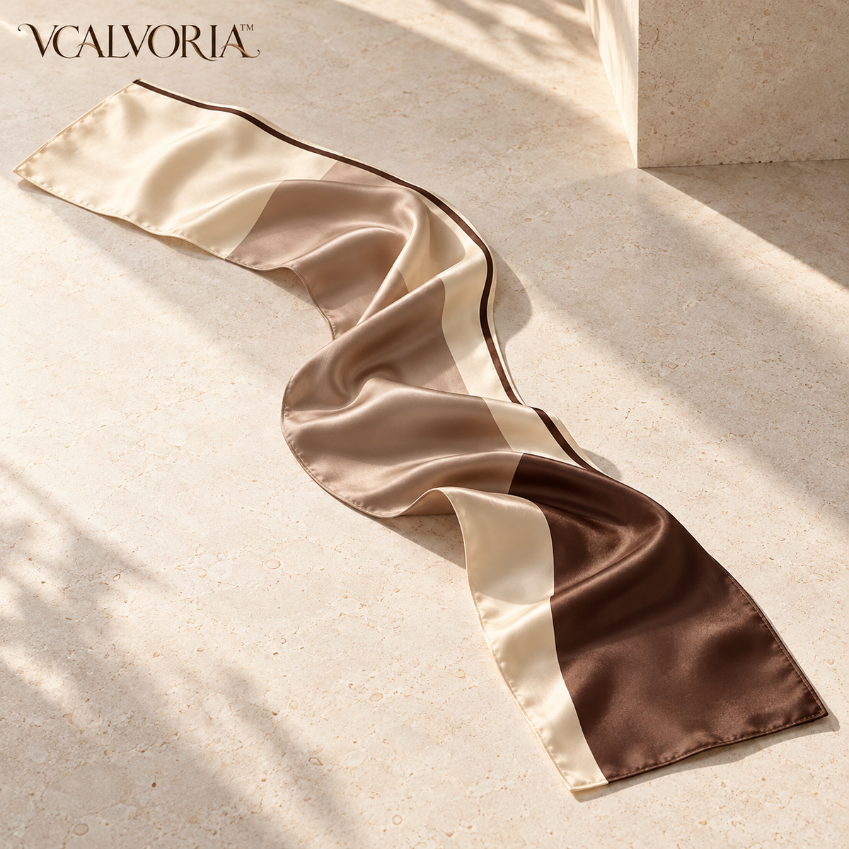 VCALVORIA™ Sorelle Women’s Long Silk Scarf — Tonal Color-Block Satin Neck Scarf & Narrow Wrap