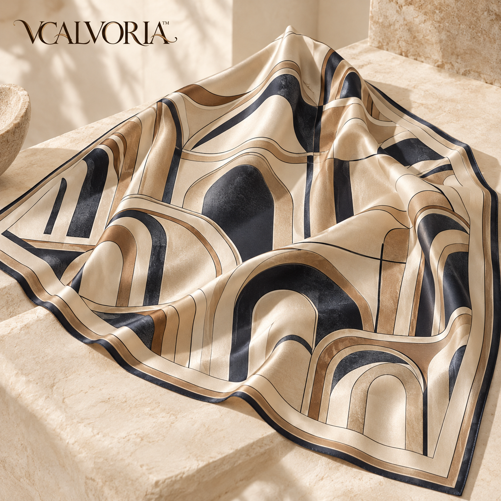 VCALVORIA™ Portelle Women’s Large Silk Square Scarf — Architectural Arch Print Neck & Head Scarf