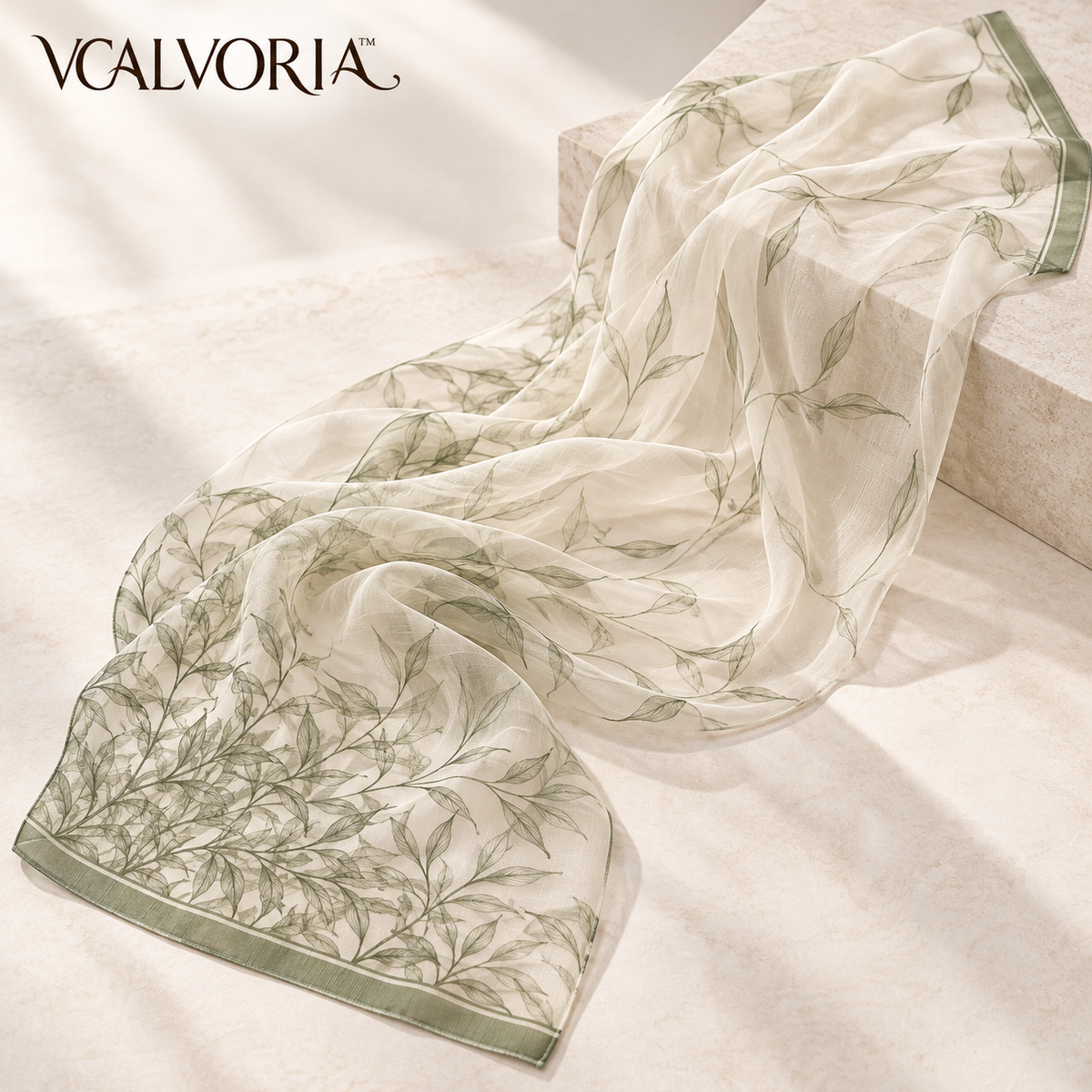 VCALVORIA™ Liorenne Women’s Silk Chiffon Scarf — Sheer Botanical Outline Long Scarf & Evening Shoulder Wrap