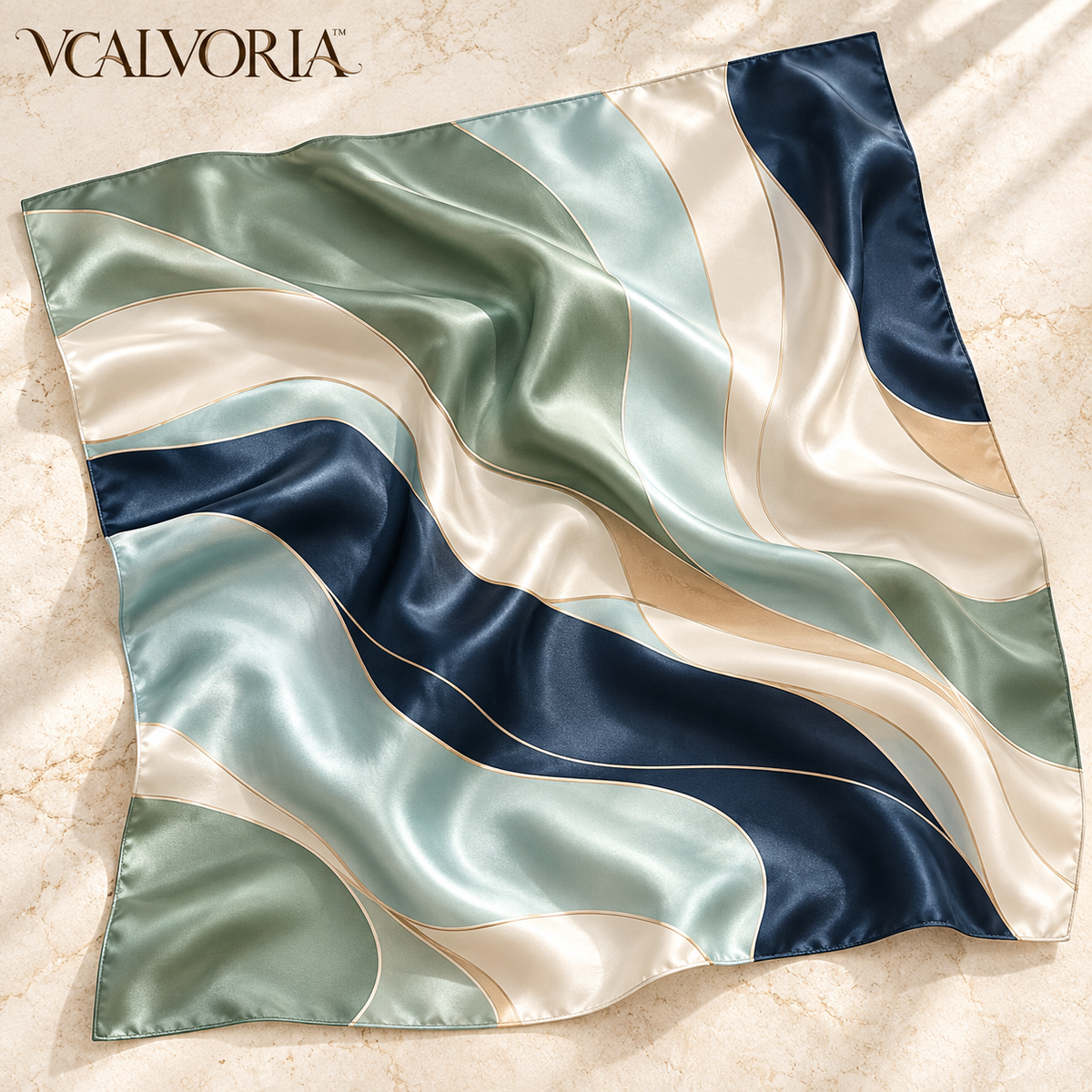 VCALVORIA™ Mariselle Women’s Silk Square Scarf — Abstract Coastal Wave Print Satin Scarf
