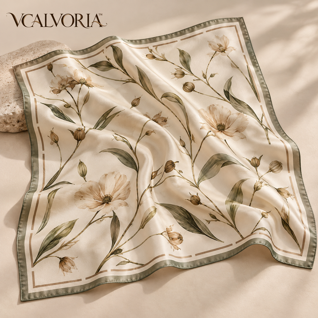 VCALVORIA™ Orlisse Women’s Silk Bandana Scarf — Botanical Print Small Square Neck & Hair Scarf