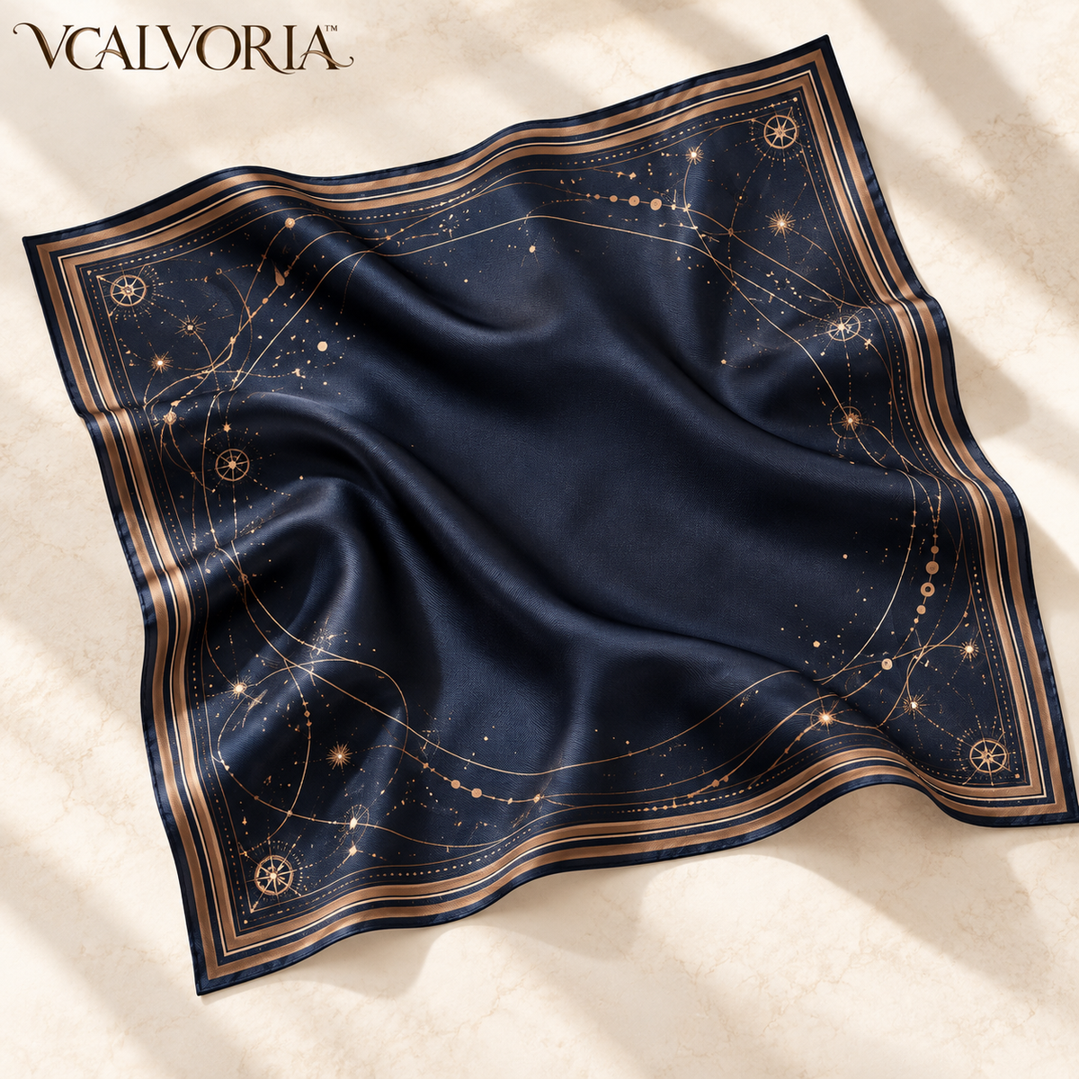 VCALVORIA™ Noctelle Women’s Large Silk Square Scarf — Celestial Line Print Twill Neck Scarf & Headscarf
