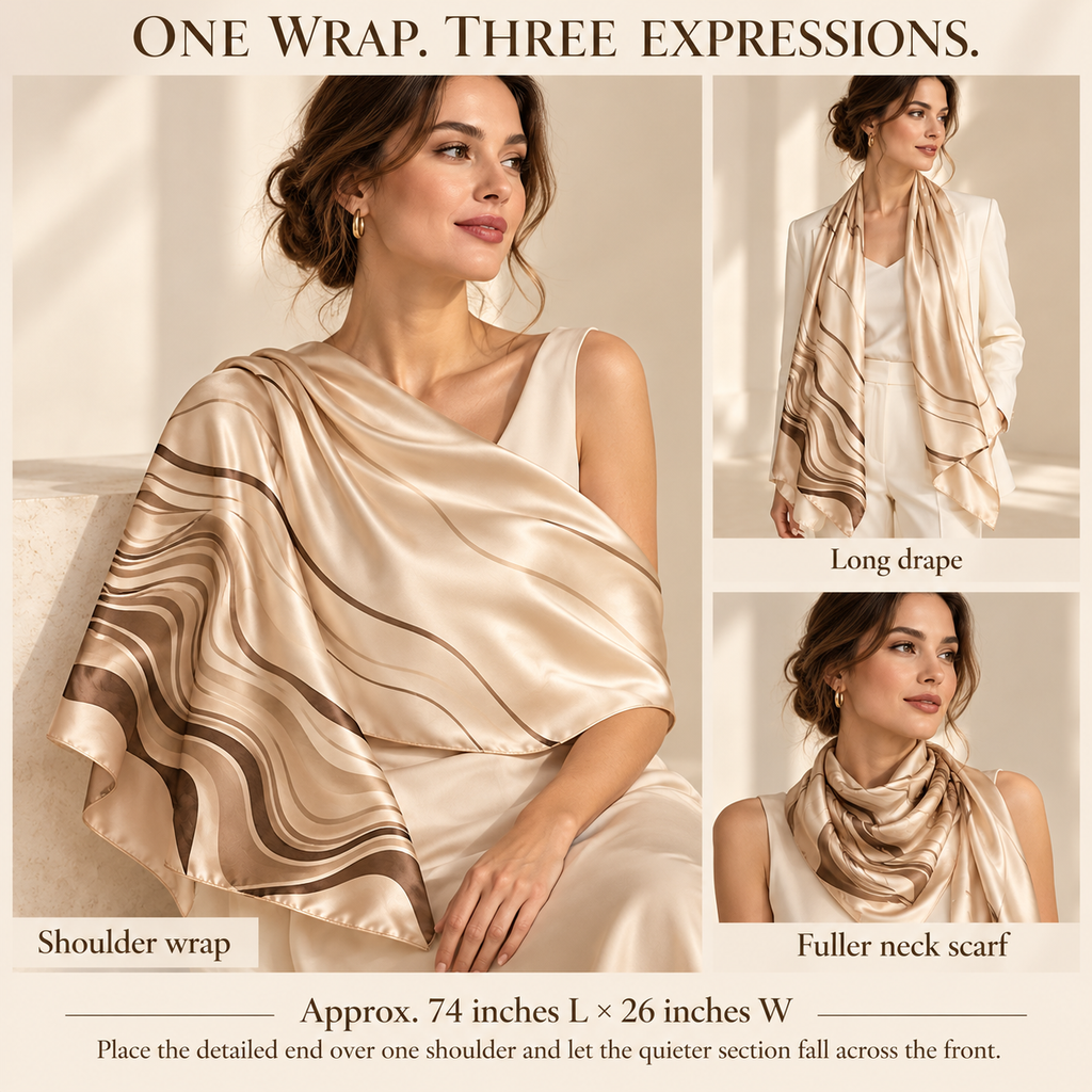 VCALVORIA™ Seravelle Women’s Large Silk Satin Wrap — Abstract Contour Evening Shawl & Long Scarf