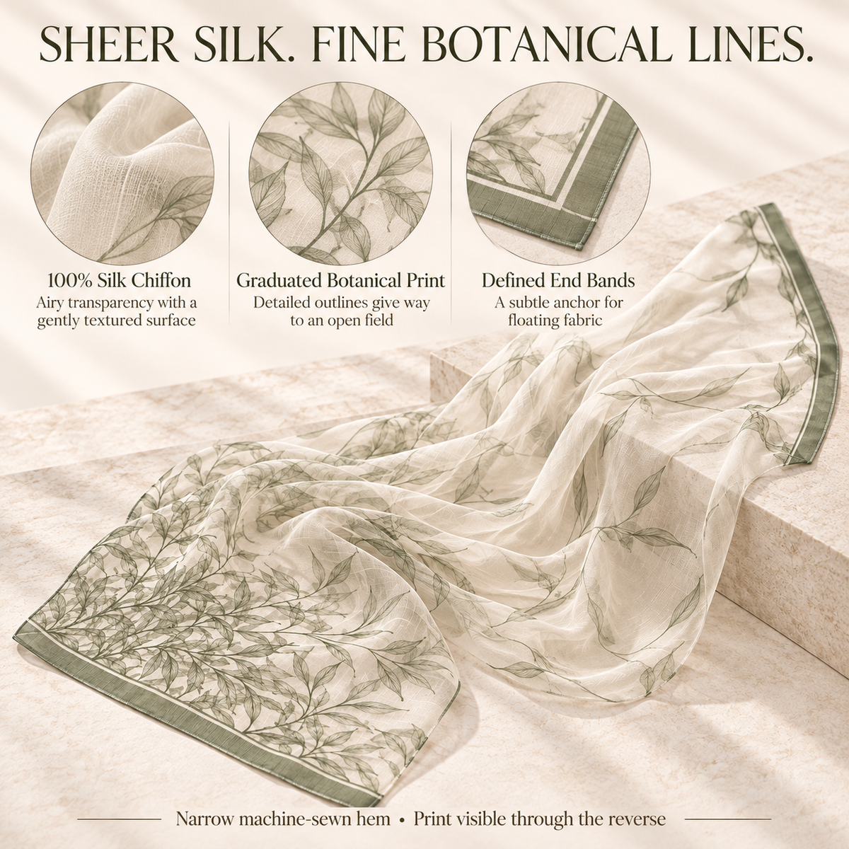 VCALVORIA™ Liorenne Women’s Silk Chiffon Scarf — Sheer Botanical Outline Long Scarf & Evening Shoulder Wrap