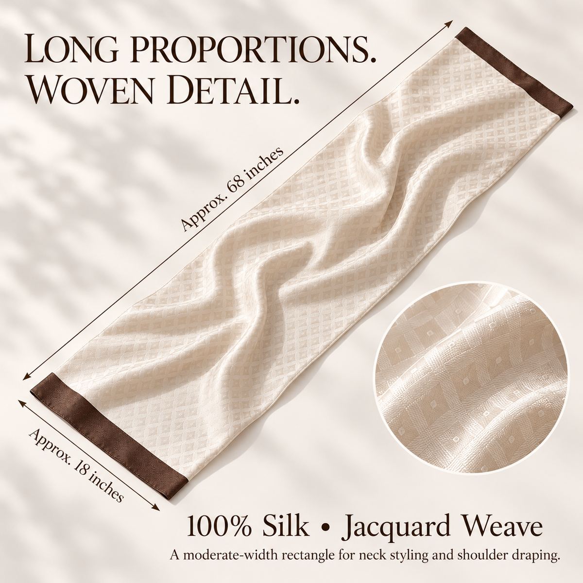 VCALVORIA™ Velisse Women’s Silk Jacquard Scarf — Tonal Geometric Long Neck Scarf & Shoulder Drape