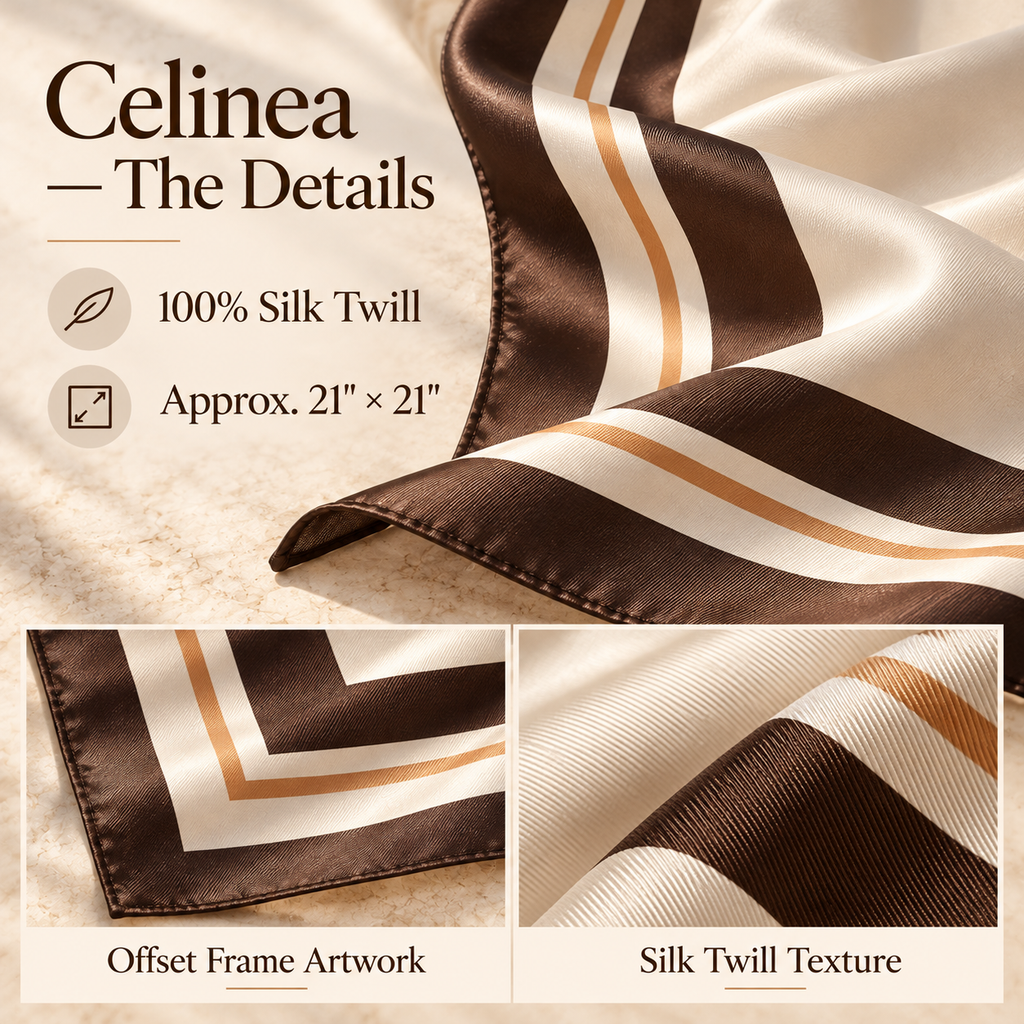 VCALVORIA™ Celinea Women’s Silk Square Scarf — Geometric Border Neck Scarf & Handbag Accent