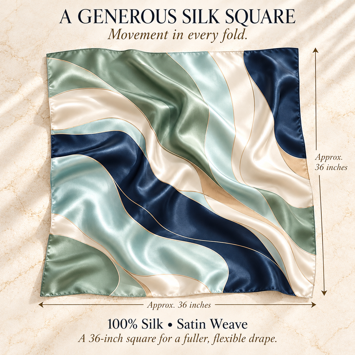 VCALVORIA™ Mariselle Women’s Silk Square Scarf — Abstract Coastal Wave Print Satin Scarf