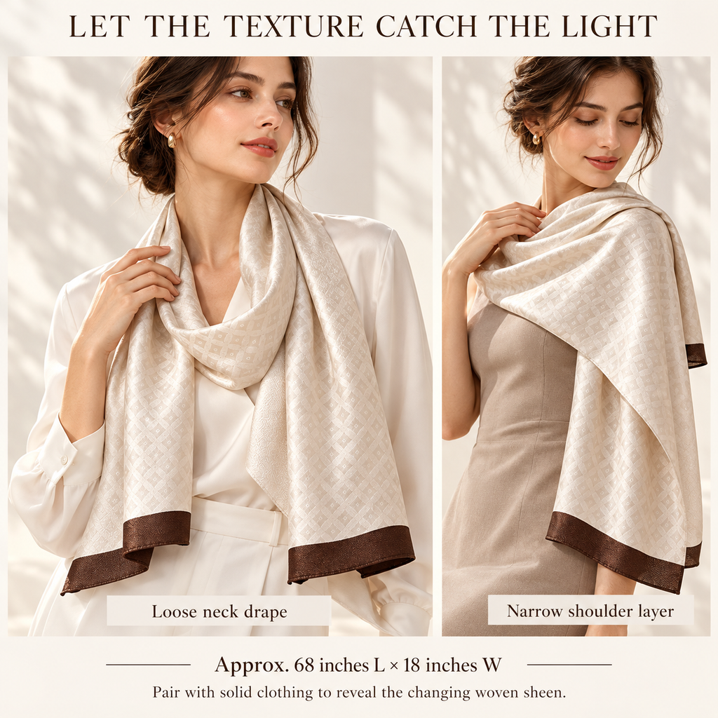 VCALVORIA™ Velisse Women’s Silk Jacquard Scarf — Tonal Geometric Long Neck Scarf & Shoulder Drape
