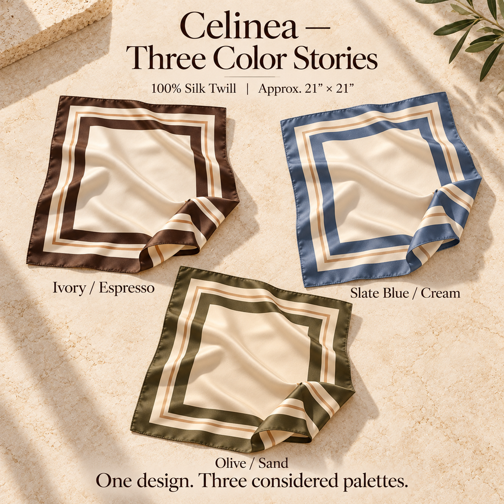 VCALVORIA™ Celinea Women’s Silk Square Scarf — Geometric Border Neck Scarf & Handbag Accent