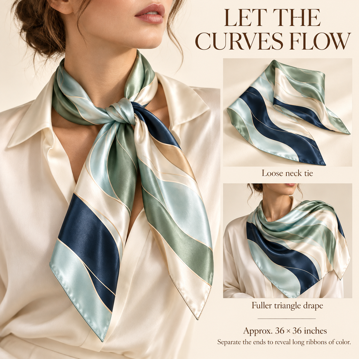 VCALVORIA™ Mariselle Women’s Silk Square Scarf — Abstract Coastal Wave Print Satin Scarf