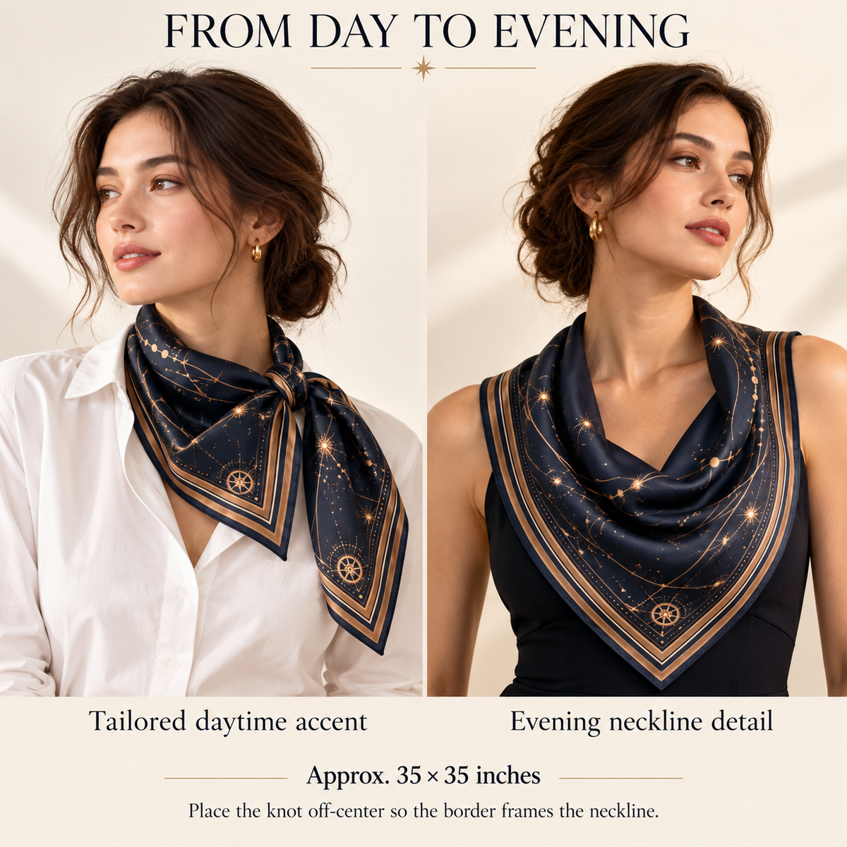 VCALVORIA™ Noctelle Women’s Large Silk Square Scarf — Celestial Line Print Twill Neck Scarf & Headscarf