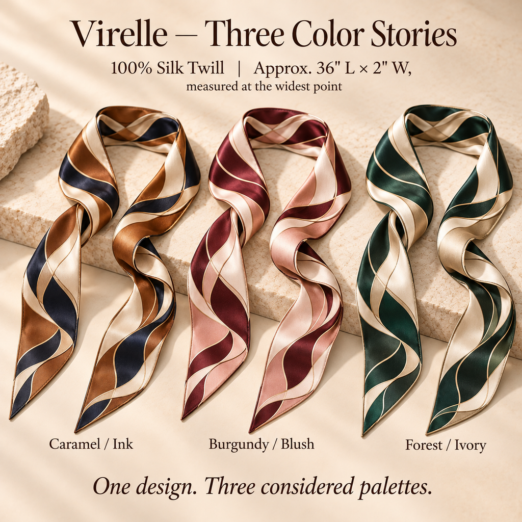VCALVORIA™ Virelle Women’s Silk Skinny Scarf — Printed Neck Tie, Hair Ribbon & Bag Handle Scarf