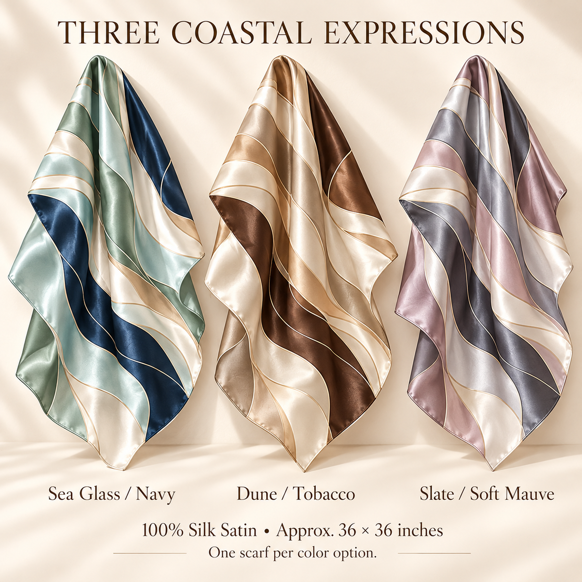VCALVORIA™ Mariselle Women’s Silk Square Scarf — Abstract Coastal Wave Print Satin Scarf