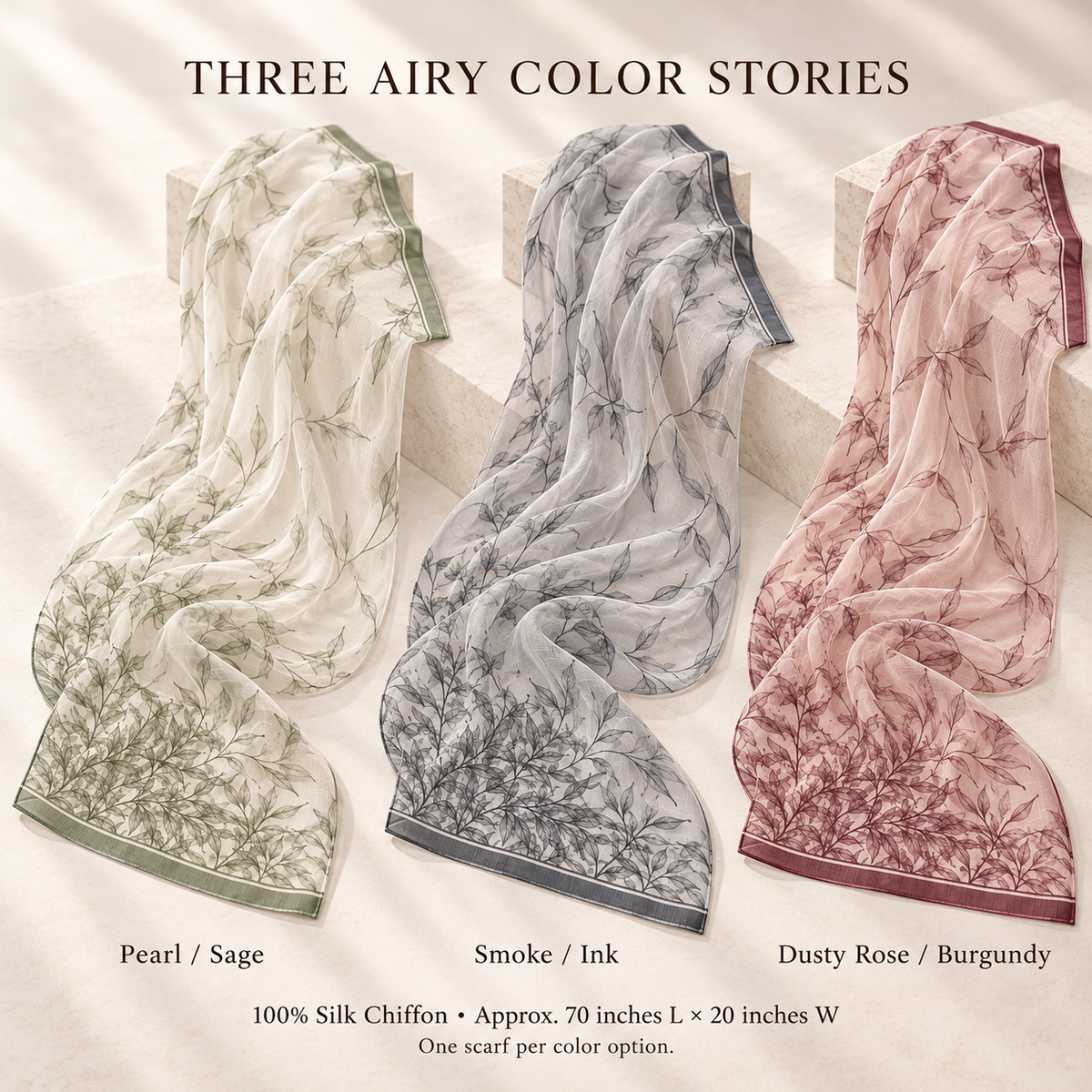VCALVORIA™ Liorenne Women’s Silk Chiffon Scarf — Sheer Botanical Outline Long Scarf & Evening Shoulder Wrap