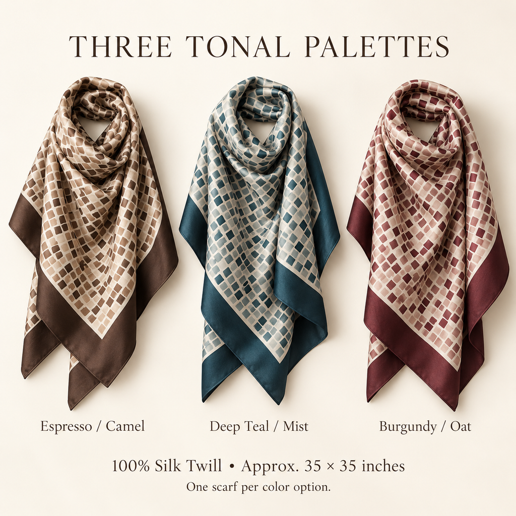 VCALVORIA™ Tessara Women’s Large Silk Twill Scarf — Mosaic Tile Print Square Neck & Hair Scarf