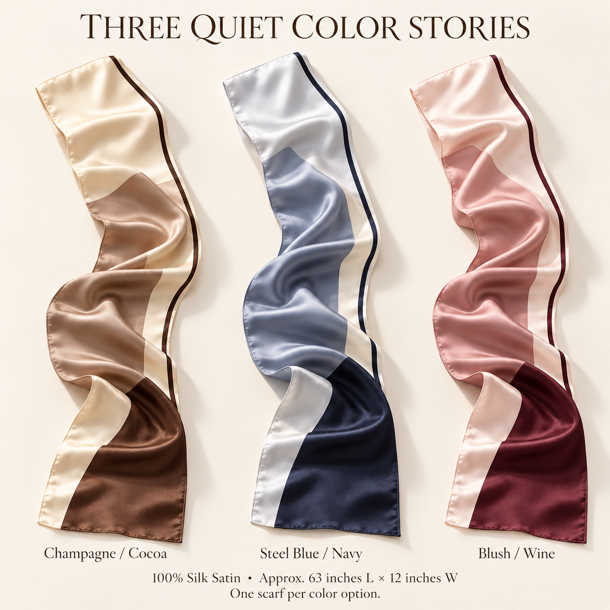 VCALVORIA™ Sorelle Women’s Long Silk Scarf — Tonal Color-Block Satin Neck Scarf & Narrow Wrap