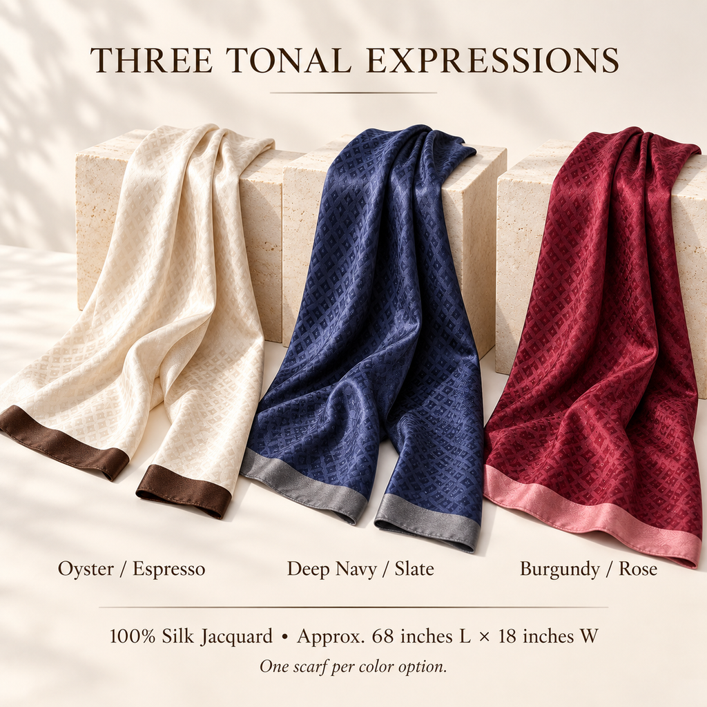 VCALVORIA™ Velisse Women’s Silk Jacquard Scarf — Tonal Geometric Long Neck Scarf & Shoulder Drape