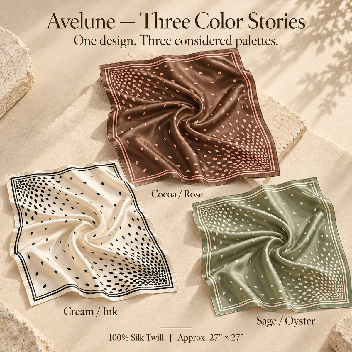 VCALVORIA™ Avelune Women’s Silk Square Scarf — Abstract Dot Print Neck Scarf & Hair Accessory