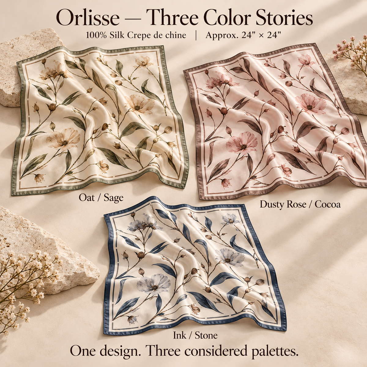 VCALVORIA™ Orlisse Women’s Silk Bandana Scarf — Botanical Print Small Square Neck & Hair Scarf