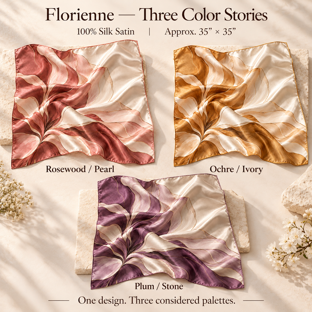 VCALVORIA™ Florienne Women’s Silk Square Scarf — Oversized Floral Print Satin Neck Scarf & Headscarf