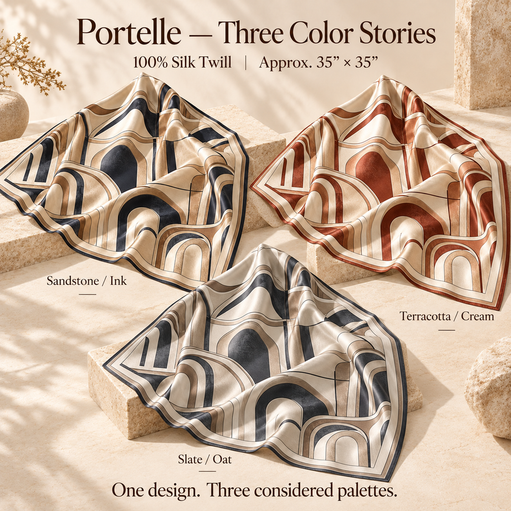 VCALVORIA™ Portelle Women’s Large Silk Square Scarf — Architectural Arch Print Neck & Head Scarf