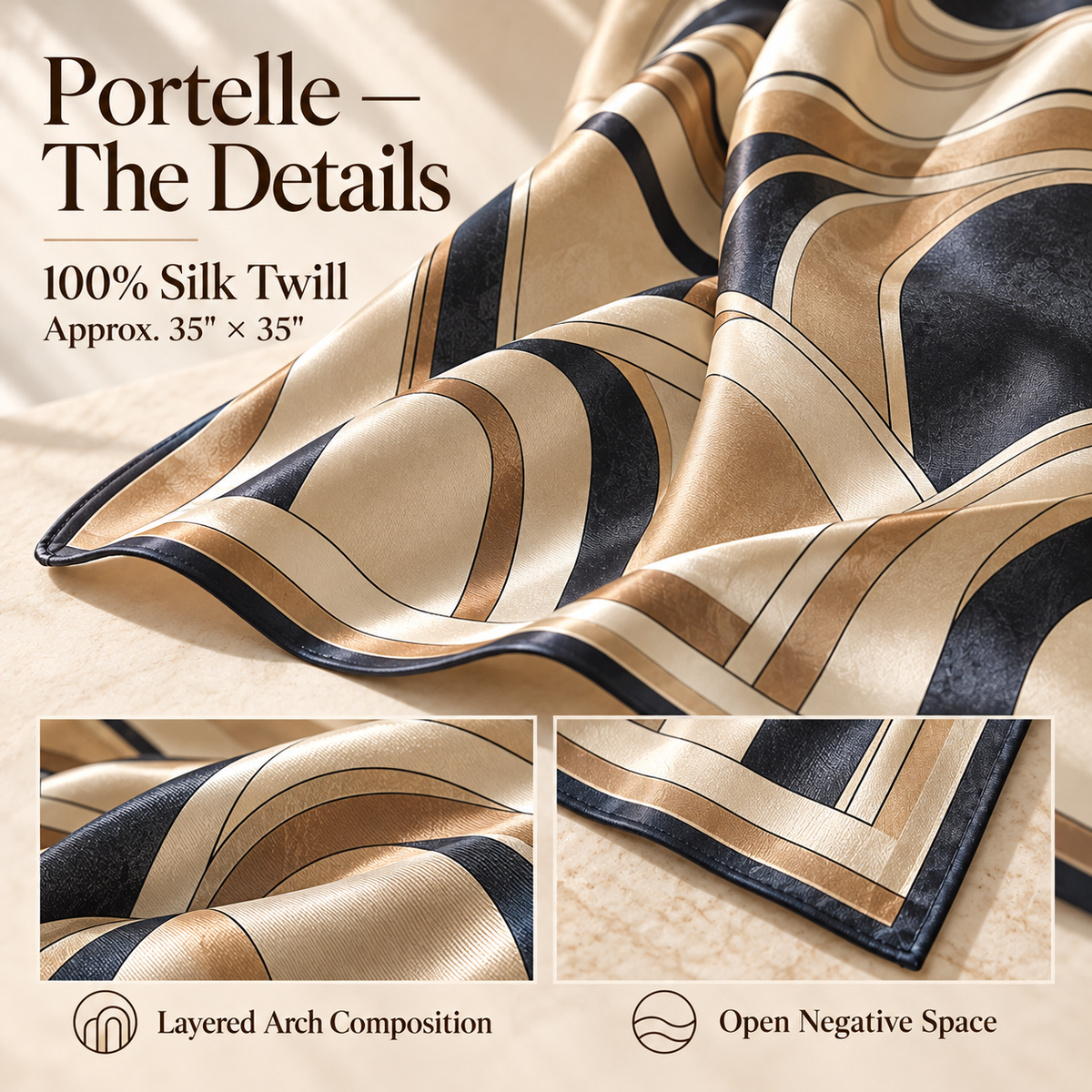 VCALVORIA™ Portelle Women’s Large Silk Square Scarf — Architectural Arch Print Neck & Head Scarf