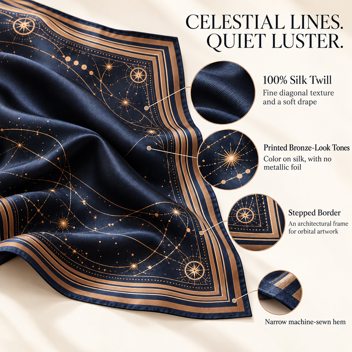 VCALVORIA™ Noctelle Women’s Large Silk Square Scarf — Celestial Line Print Twill Neck Scarf & Headscarf
