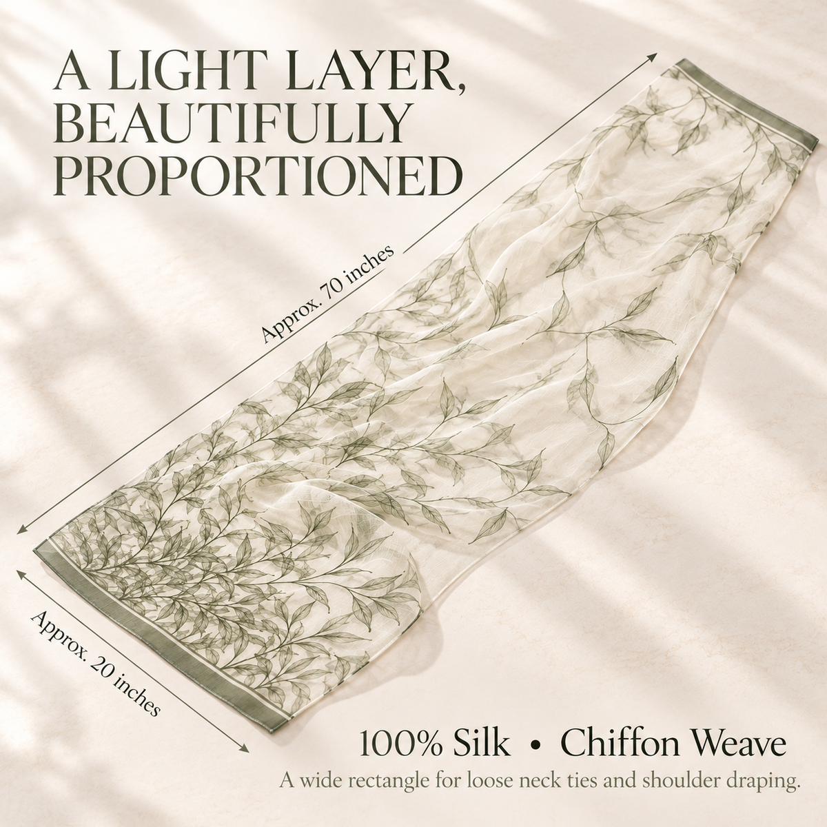 VCALVORIA™ Liorenne Women’s Silk Chiffon Scarf — Sheer Botanical Outline Long Scarf & Evening Shoulder Wrap