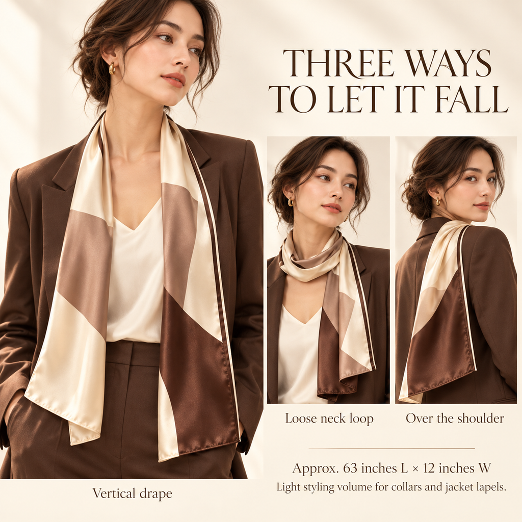 VCALVORIA™ Sorelle Women’s Long Silk Scarf — Tonal Color-Block Satin Neck Scarf & Narrow Wrap