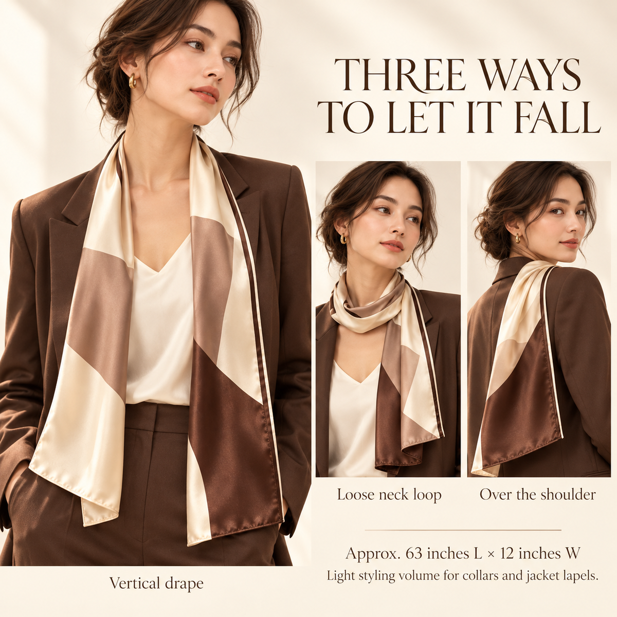 VCALVORIA™ Sorelle Women’s Long Silk Scarf — Tonal Color-Block Satin Neck Scarf & Narrow Wrap
