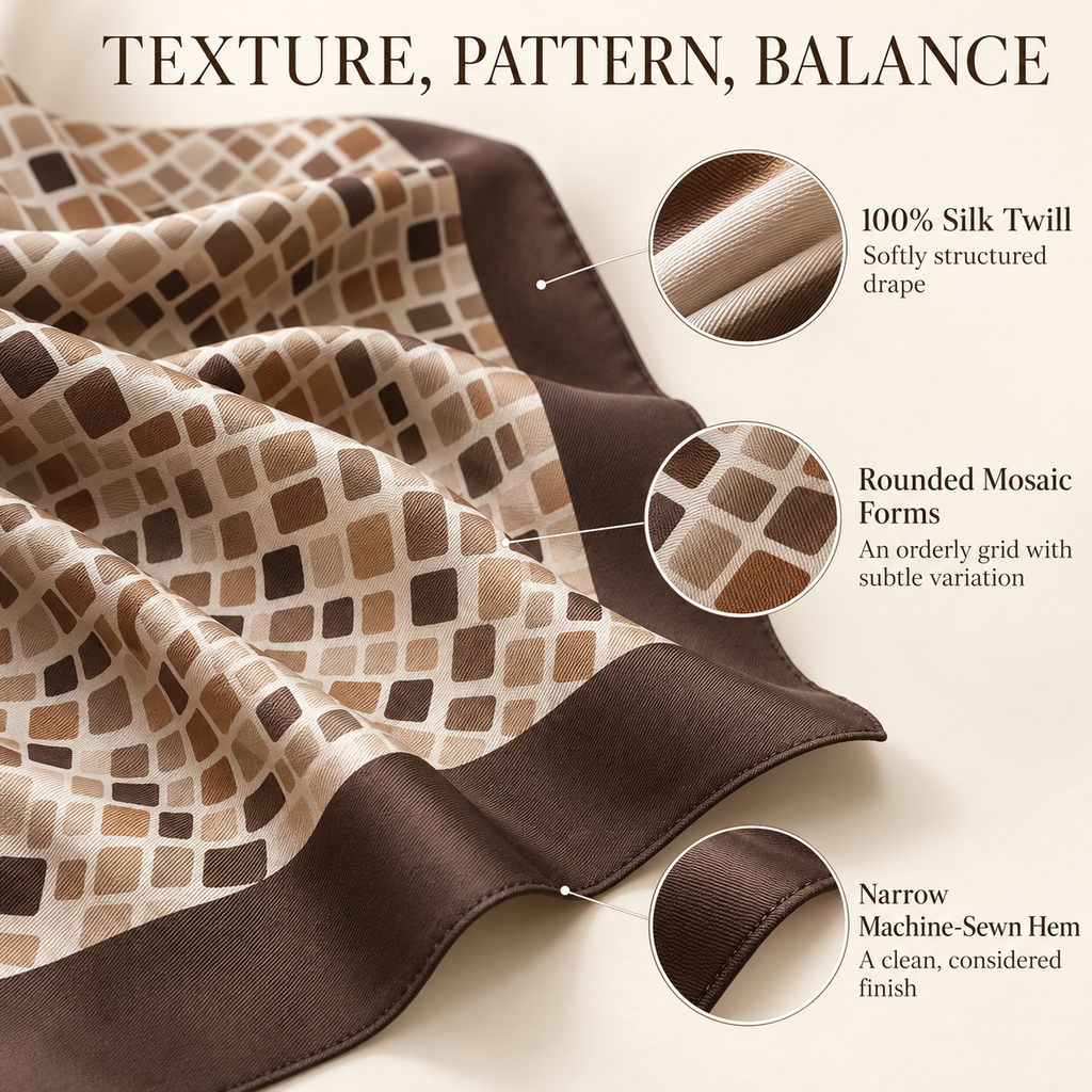 VCALVORIA™ Tessara Women’s Large Silk Twill Scarf — Mosaic Tile Print Square Neck & Hair Scarf