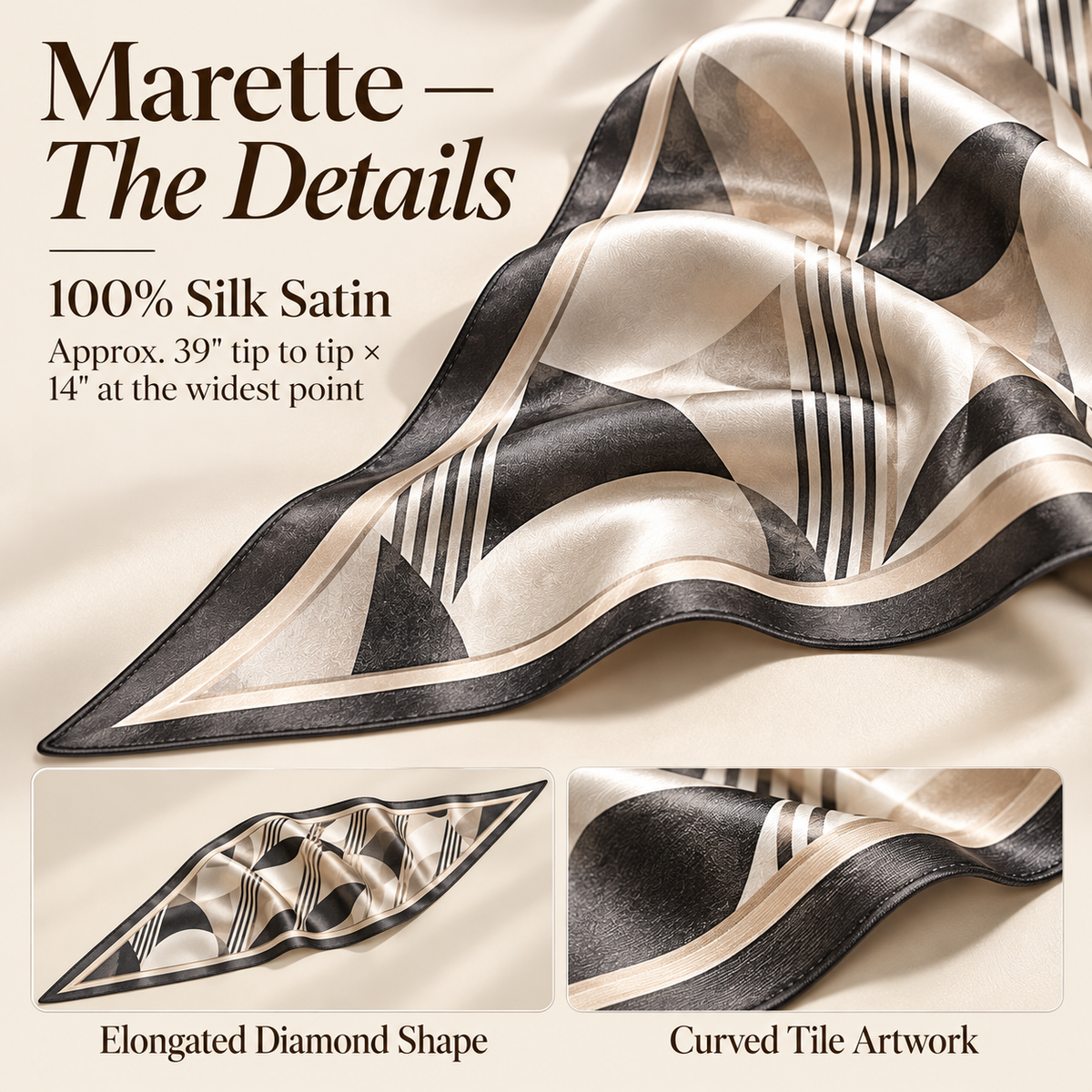 VCALVORIA™ Marette Women’s Silk Diamond Scarf — Abstract Print Neckerchief with Tapered Ends