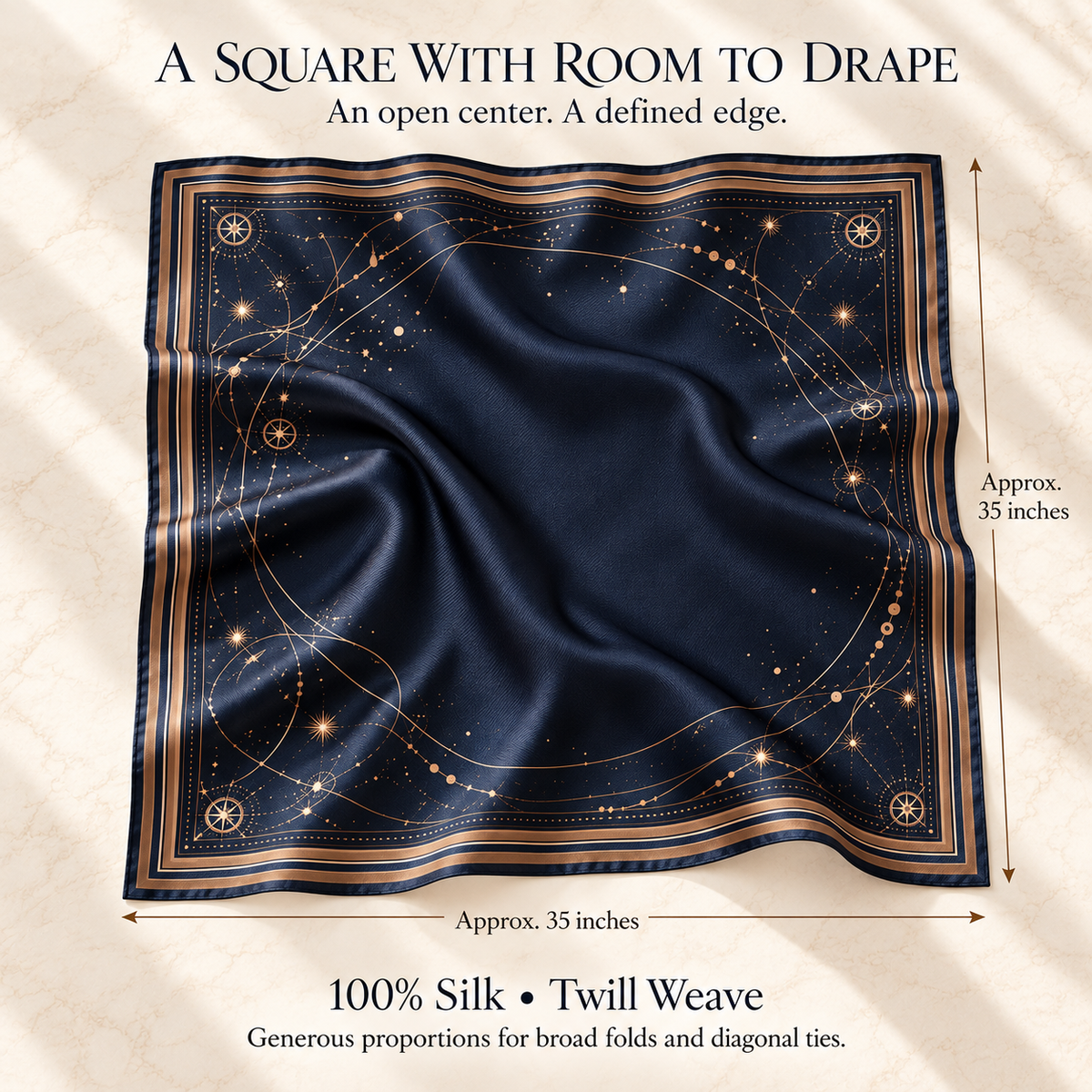 VCALVORIA™ Noctelle Women’s Large Silk Square Scarf — Celestial Line Print Twill Neck Scarf & Headscarf
