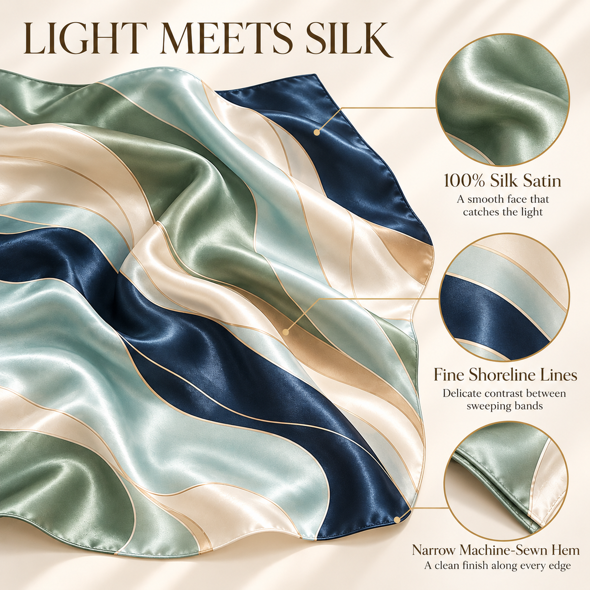 VCALVORIA™ Mariselle Women’s Silk Square Scarf — Abstract Coastal Wave Print Satin Scarf