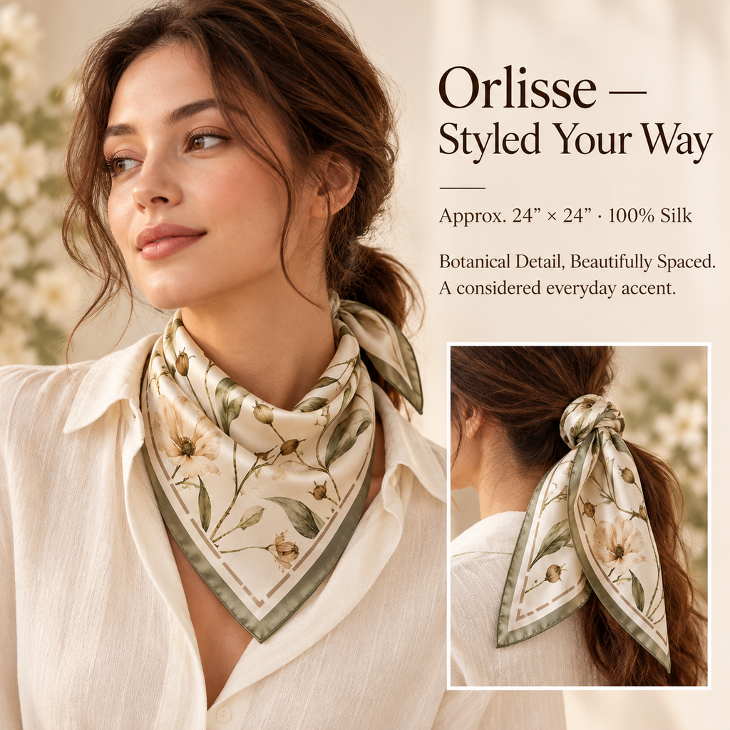 VCALVORIA™ Orlisse Women’s Silk Bandana Scarf — Botanical Print Small Square Neck & Hair Scarf