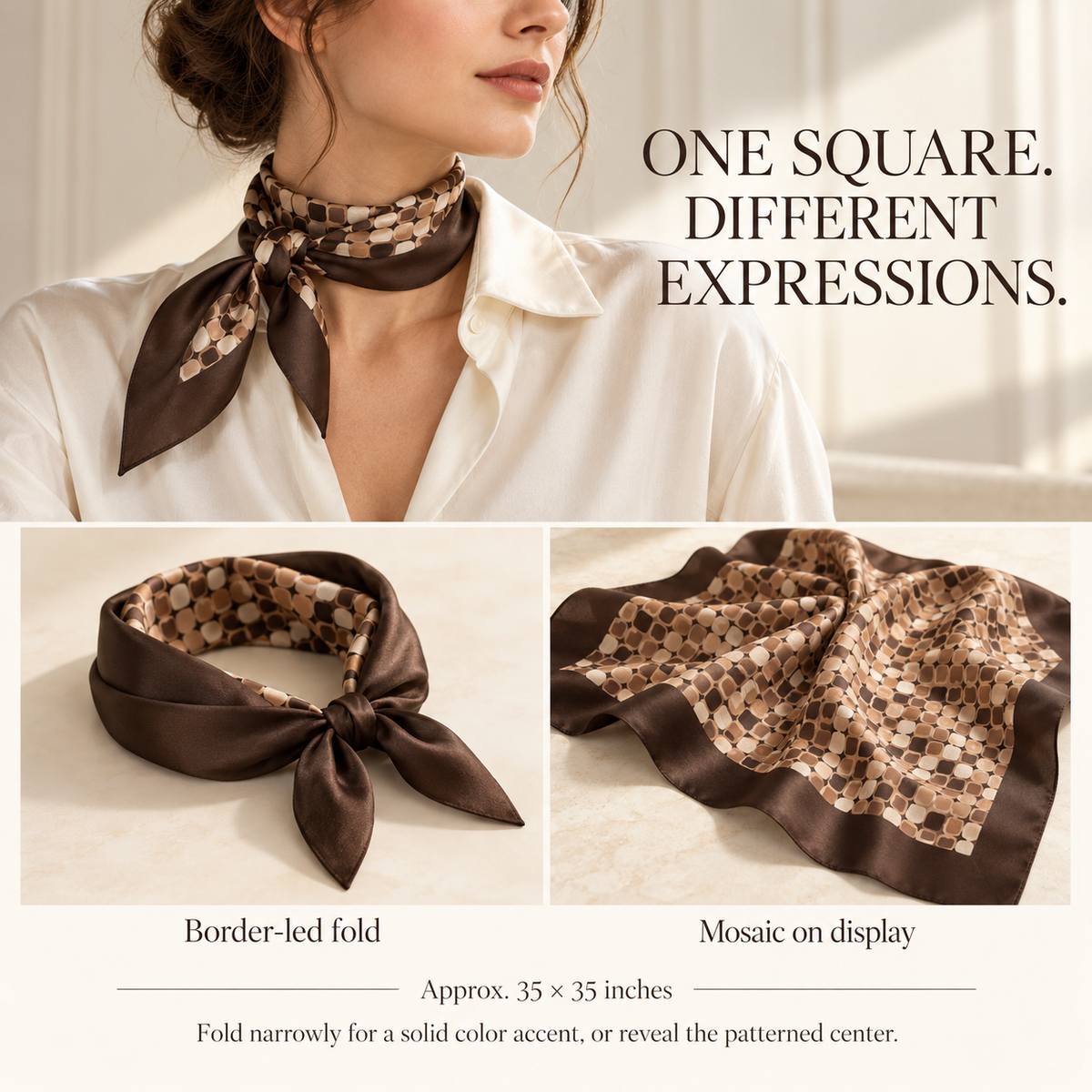 VCALVORIA™ Tessara Women’s Large Silk Twill Scarf — Mosaic Tile Print Square Neck & Hair Scarf