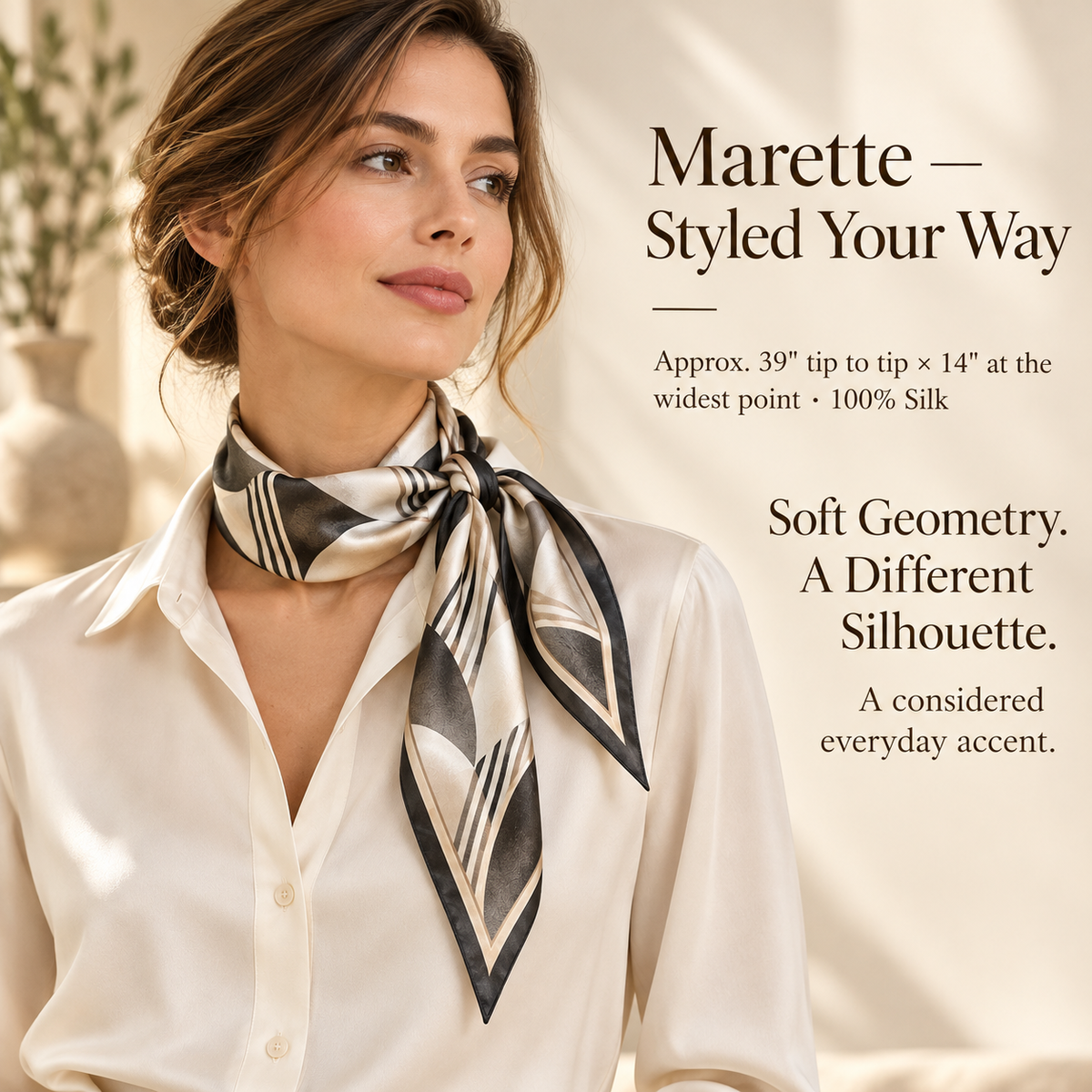 VCALVORIA™ Marette Women’s Silk Diamond Scarf — Abstract Print Neckerchief with Tapered Ends
