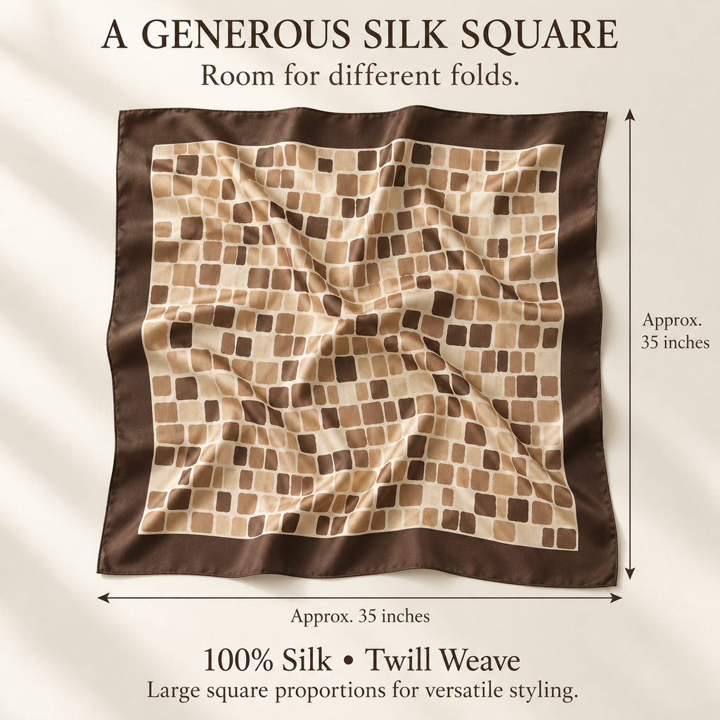 VCALVORIA™ Tessara Women’s Large Silk Twill Scarf — Mosaic Tile Print Square Neck & Hair Scarf