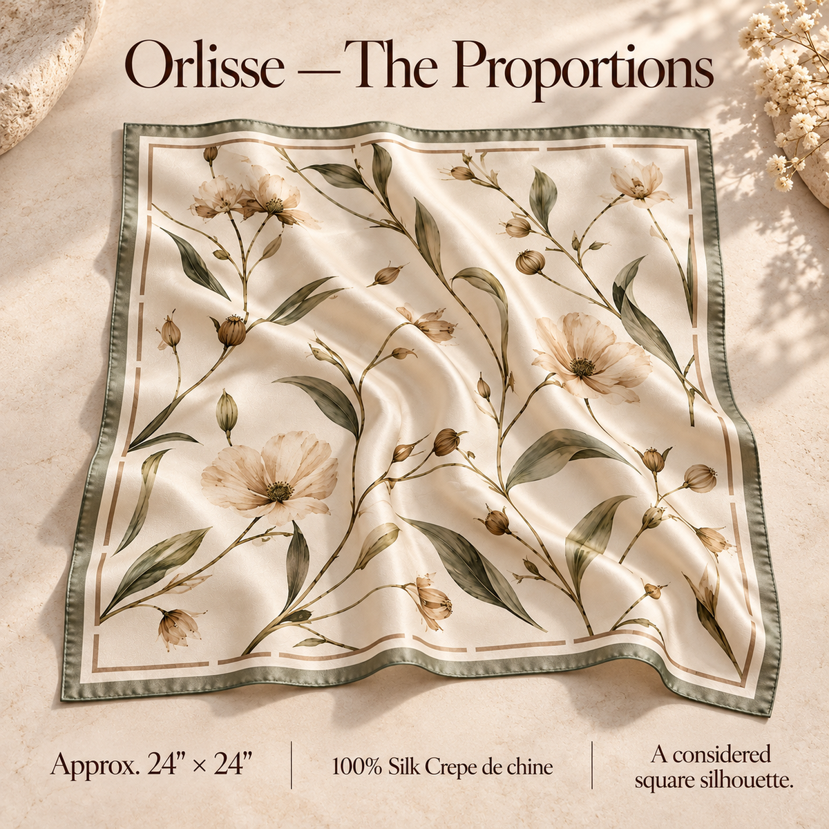 VCALVORIA™ Orlisse Women’s Silk Bandana Scarf — Botanical Print Small Square Neck & Hair Scarf