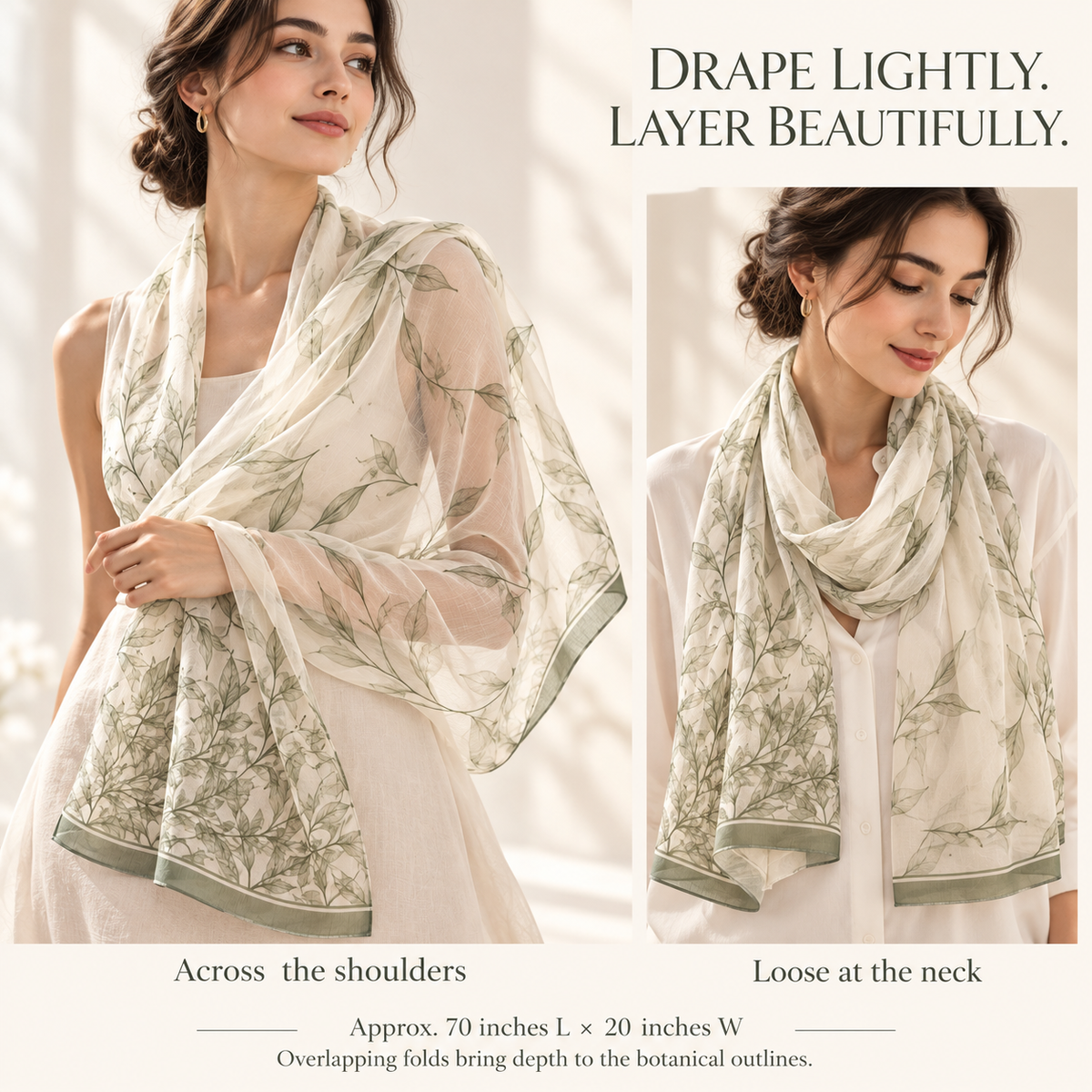 VCALVORIA™ Liorenne Women’s Silk Chiffon Scarf — Sheer Botanical Outline Long Scarf & Evening Shoulder Wrap