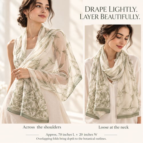 VCALVORIA™ Liorenne Women’s Silk Chiffon Scarf — Sheer Botanical Outline Long Scarf & Evening Shoulder Wrap